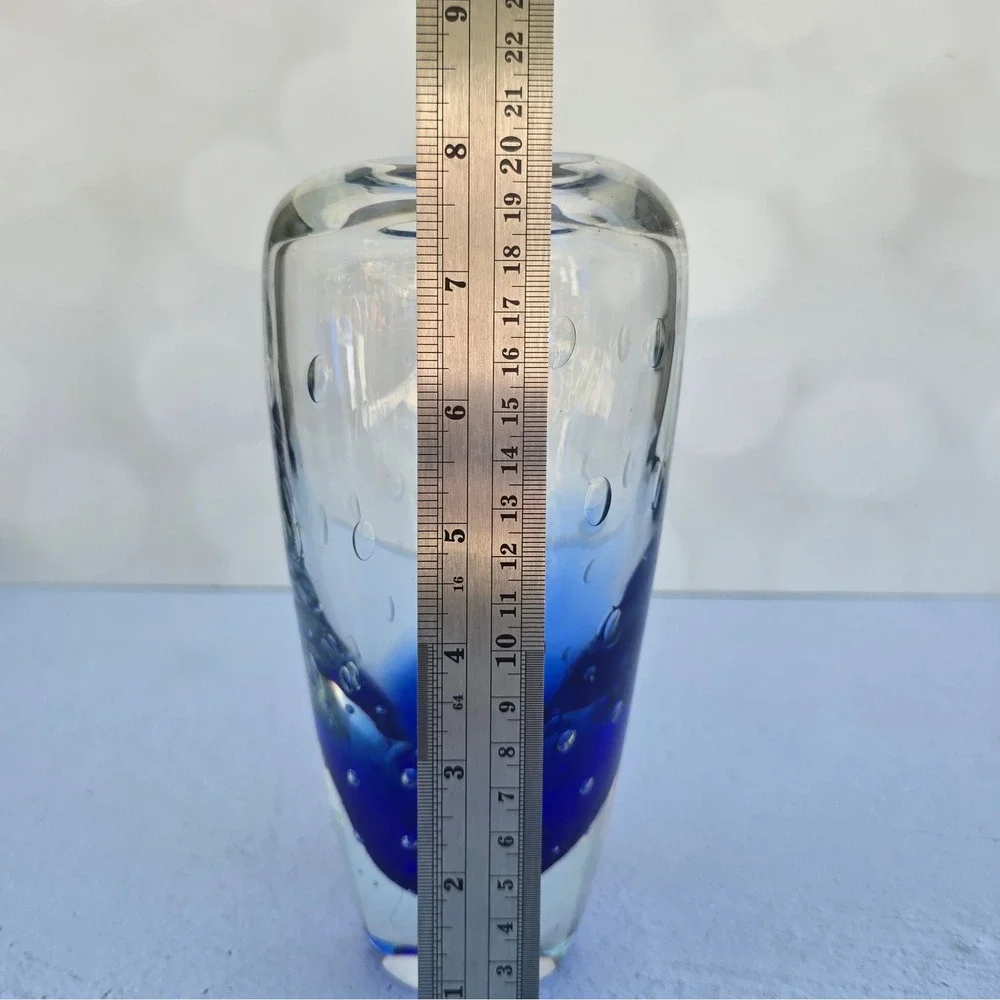 Cobalt Blue Controlled Bubble Art Glass Vase Heavy Clear Glass Bullicante 8in